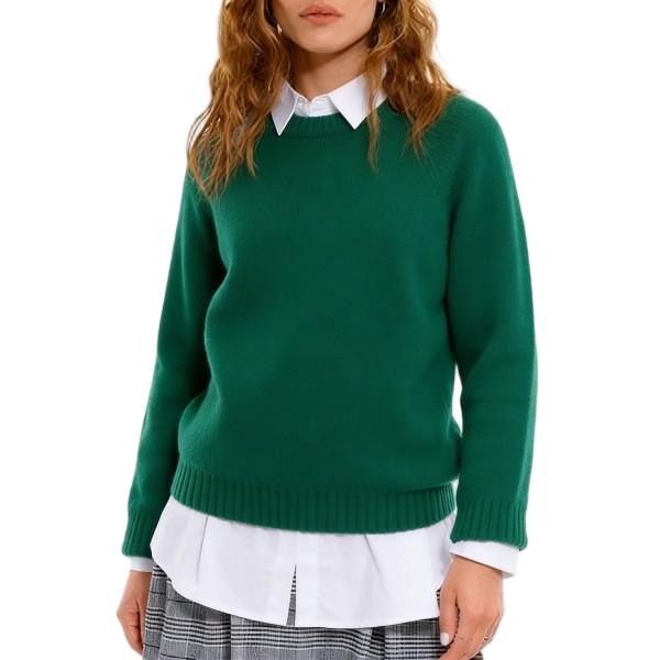 Vintage Dark Green Crew Neck Knit Sweater - Minimalist Layered Style with White Shirt