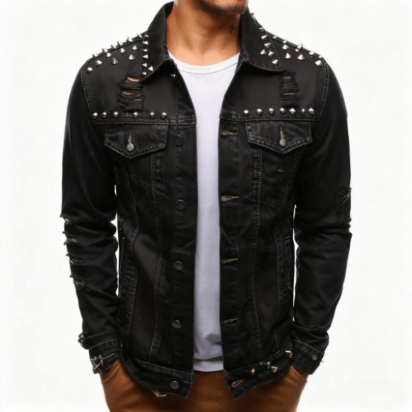 Black Studded Distressed Denim Jacket