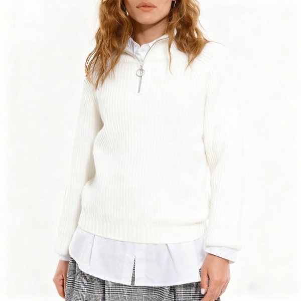 White Ribbed Quarter-Zip Sweater