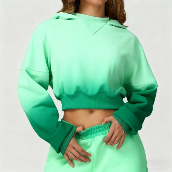 Green Gradient Cropped Hoodie Two-Piece Set